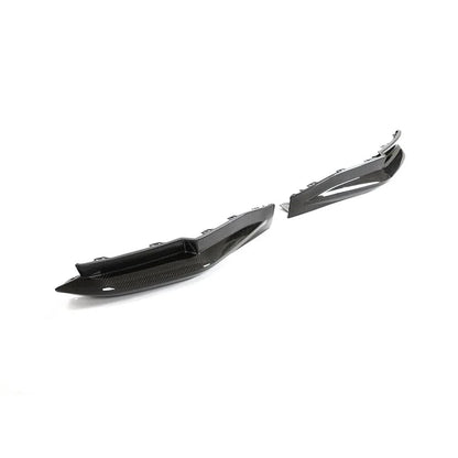 Carbon fiber rear bumper splitters for BMW G80 M3 Competition by K2 Industries, showing sleek, lightweight aerodynamic design.