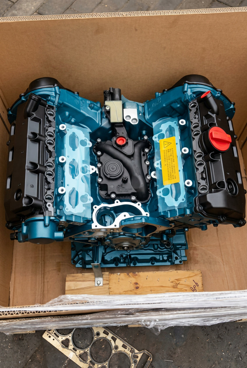 A NEW AUDI VW EA897 V6 TDI CATA silver and black automotive engine block with blue gasket material, photographed inside a cardboard shipping box with plastic wrap.