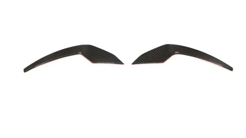 K2 Industries dry carbon fiber front bumper canards for BMW G80 M3 and G82/G83 M4 Competition, set of 2, with aerodynamic design.