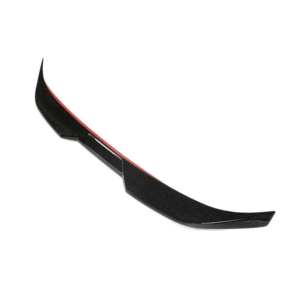 Carbon fiber rear trunk spoiler lip for BMW M2 G87 and M240i G42 coupe by K2 Industries, showcasing sleek, aerodynamic design.