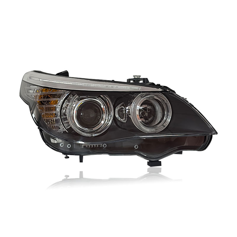 Vekto LED headlights for BMW 5 Series E60 2003-2010, showing close-up of headlight assembly with bright LED lighting elements.