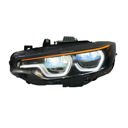 Vekto V3 Smoked IKON Tri-Color LED Headlights for BMW F32, F36, F80, F82 M3 & M4 2013-2019, front view with LED lighting