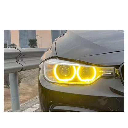 Vekto CSL Yellow LED DRL modules installed in BMW F30/F31 headlights, showcasing bright yellow daytime running lights.