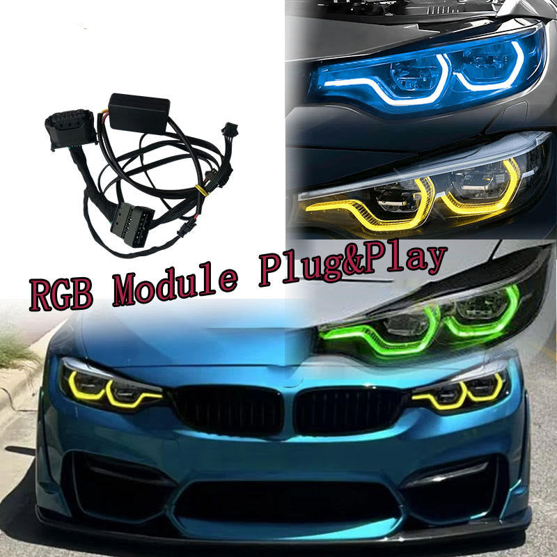 Vekto RGB LED DRL headlight module kit for BMW F80 M3 and F82/F83 M4 LCI 2018-2020, showing illuminated LED components.
