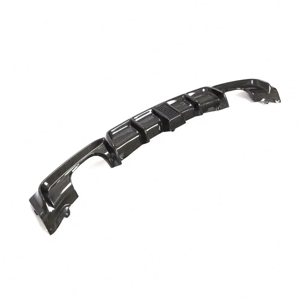 Carbon fiber rear diffuser with LED brake light for BMW F30 F31 M Sport, 2013-2018, by K2 Industries, showing sleek design and LED lighting.