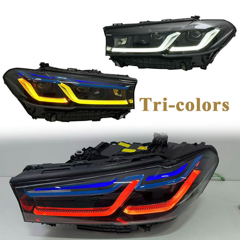 Vekto tri-color LED headlights installed on a BMW G30 5 Series 2018-2020, showcasing vibrant multi-color lighting and sleek design.