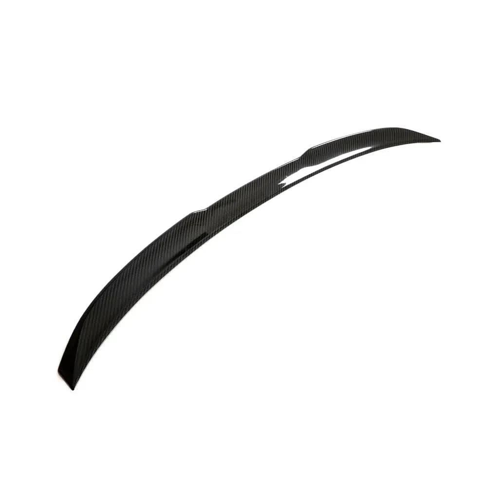 Dry carbon fiber M Style trunk spoiler for BMW G82/G83 M4 and G22 430i, showcasing sleek, textured carbon fiber material.