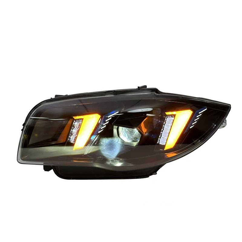 Vekto dual color LED headlights assembly for BMW 1 Series E82 E87, 2004-2011, showing close-up of headlight design and LED features.
