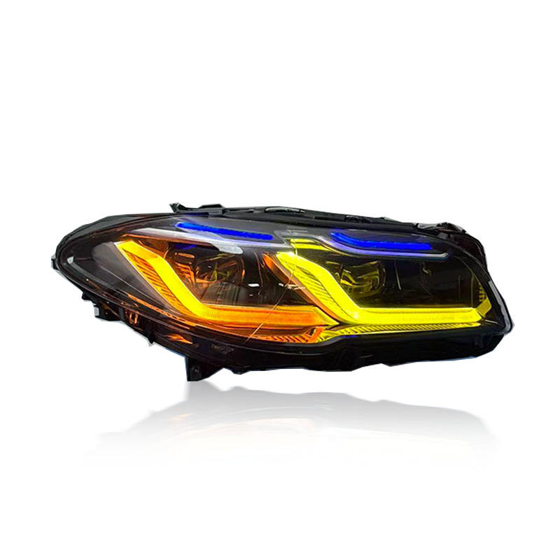 Vekto dual-color LED headlights for BMW F10/F18 5 Series 2010-2017, showing close-up of the headlight assembly with dual-color LEDs