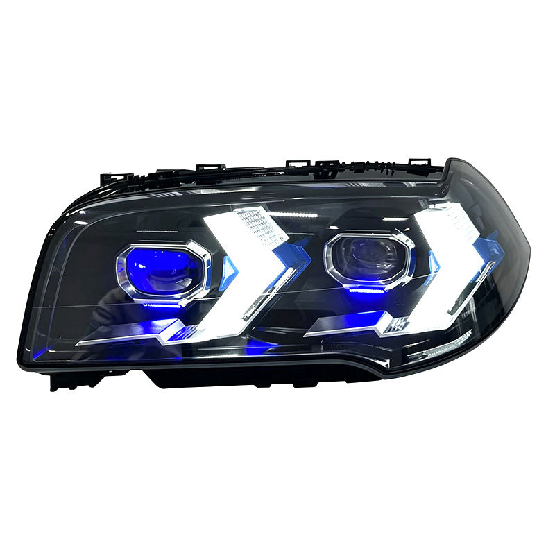Vekto dual-color laser-style LED headlights for BMW X3 E83 2006-2010, showcasing modern headlight design with bright LED illumination.