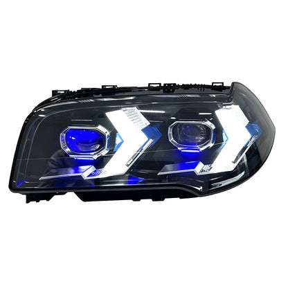 Vekto dual-color laser-style LED headlights for BMW X3 E83 2006-2010, showcasing modern headlight design with bright LED illumination.
