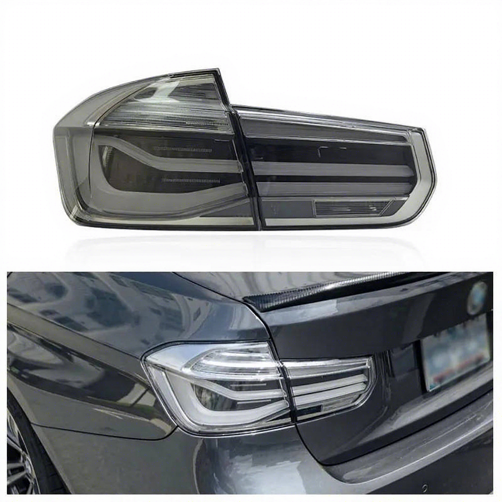 Vekto Clear LCI Style LED tail lights for BMW F30 3 Series and M3 2012-2017, showing sleek, modern tail light design.