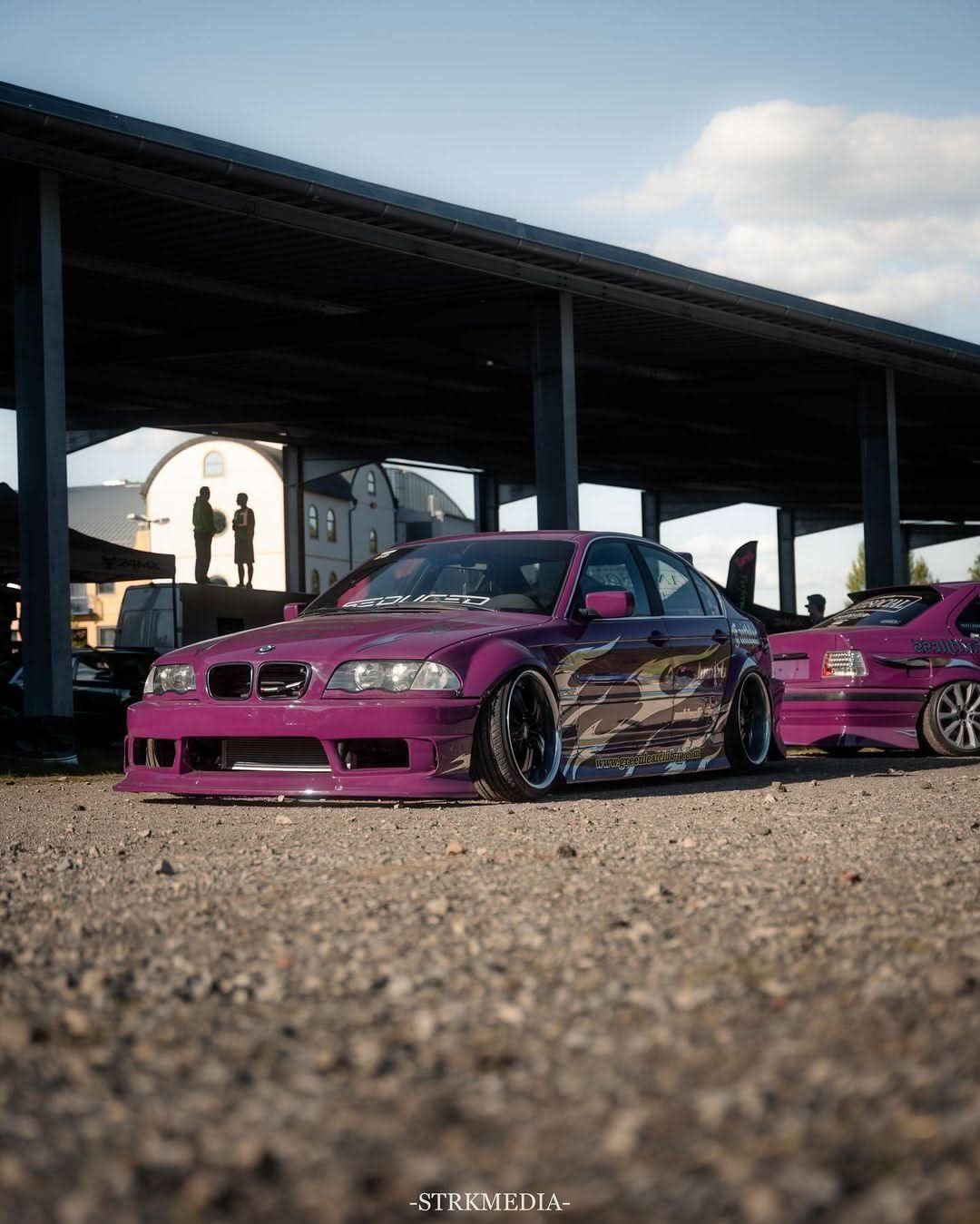 BMW 3-Series E46 sedan over fender kit by K2 Industries, featuring vented front fenders in ABS or fiberglass material.