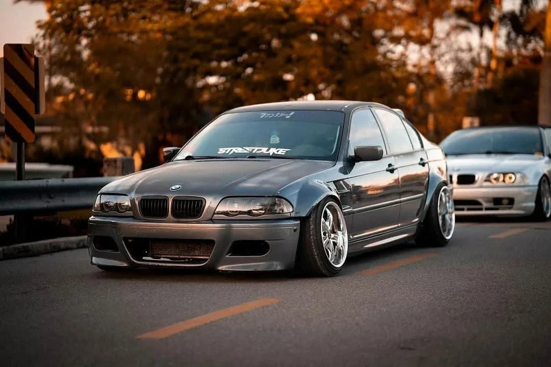 BMW 3-Series E46 sedan body kit by K2 Industries, includes front bumper, side skirts, and rear diffuser in ABS plastic, for model years 1997-2006.