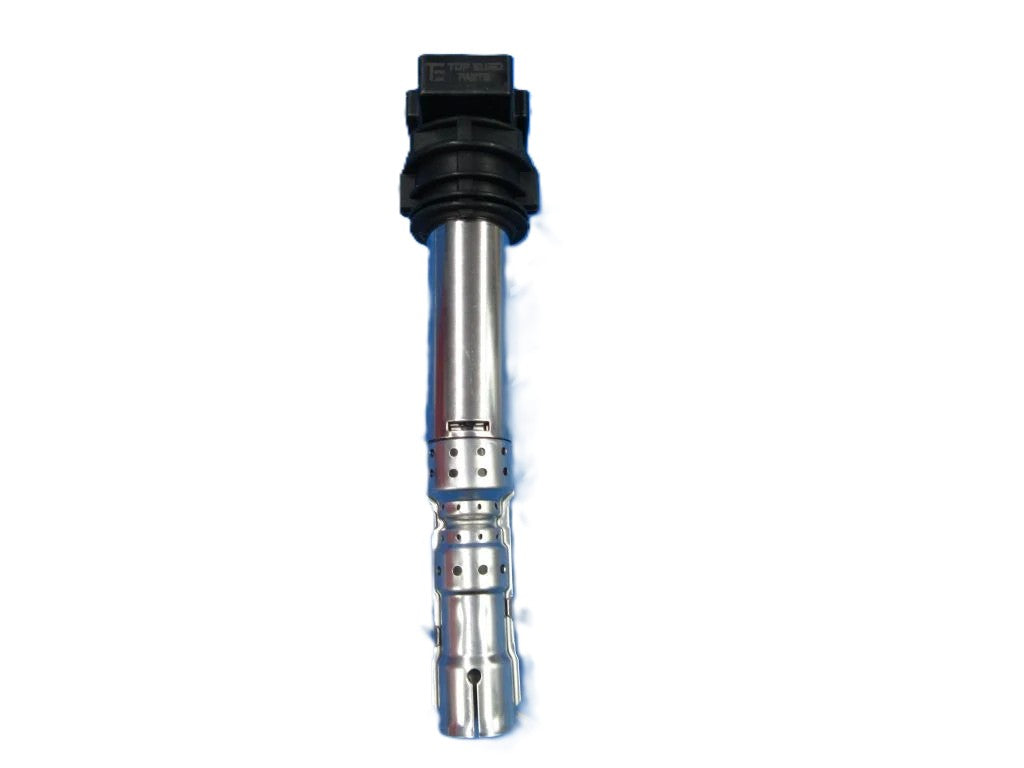 Genuine OEM ignition coil for Audi and VW 4.0L and 6.0L engines, shown in engine compartment, University VW Audi brand.