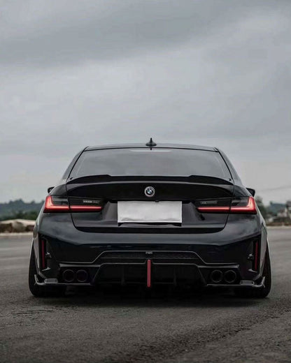 BMW 3 Series G20 G28 G80 M3 DA Style carbon fiber trunk spoiler by K2 Industries, showing sleek aerodynamic design