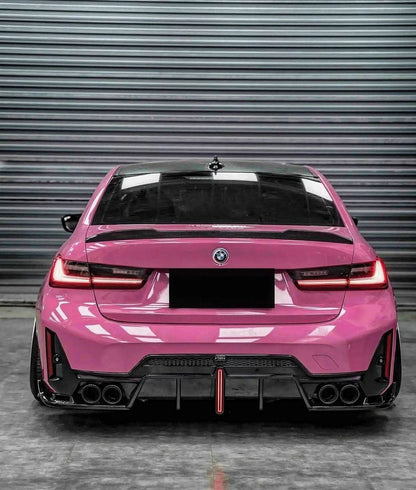 BMW 3 Series G20 G28 G80 M3 carbon fiber trunk spoiler by K2 Industries, showing sleek aerodynamic design and textured finish.