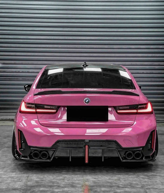 BMW 3 Series G20 G28 G80 M3 carbon fiber trunk spoiler by K2 Industries, showing sleek aerodynamic design and textured finish.