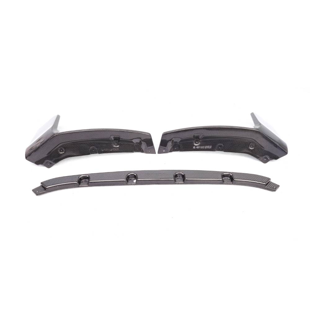 Carbon fiber M Style front lip for BMW M2 G87 by Palenon Performance, shows sleek, aerodynamic design on a black vehicle.