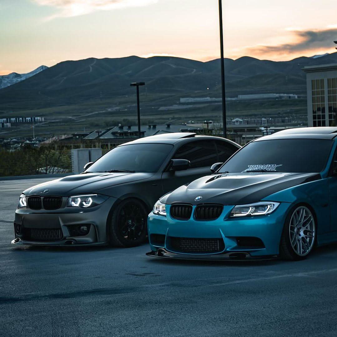 BMW 3-Series E90 headlights by K2 Industries, modern style, for models 2005-2012, showing sleek headlight design with clear lenses.
