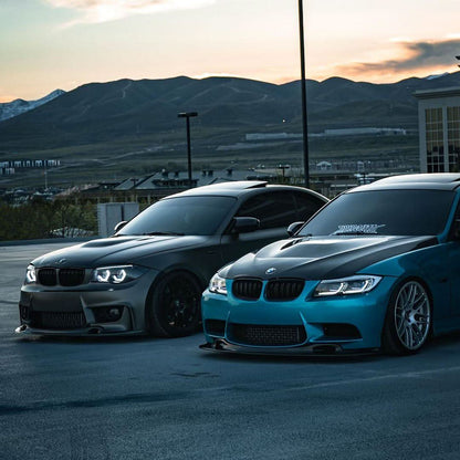 BMW 3-Series E90 headlights by K2 Industries, modern style, for models 2005-2012, showing sleek headlight design with clear lenses.