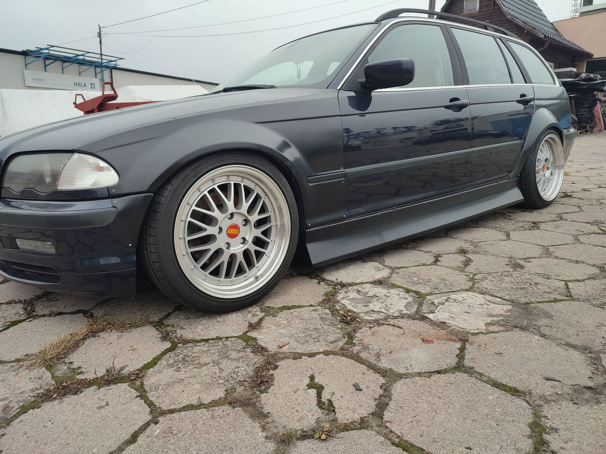 BMW 3-Series E46 sedan JDM body kit by K2 Industries, featuring ABS plastic front and rear bumper components.