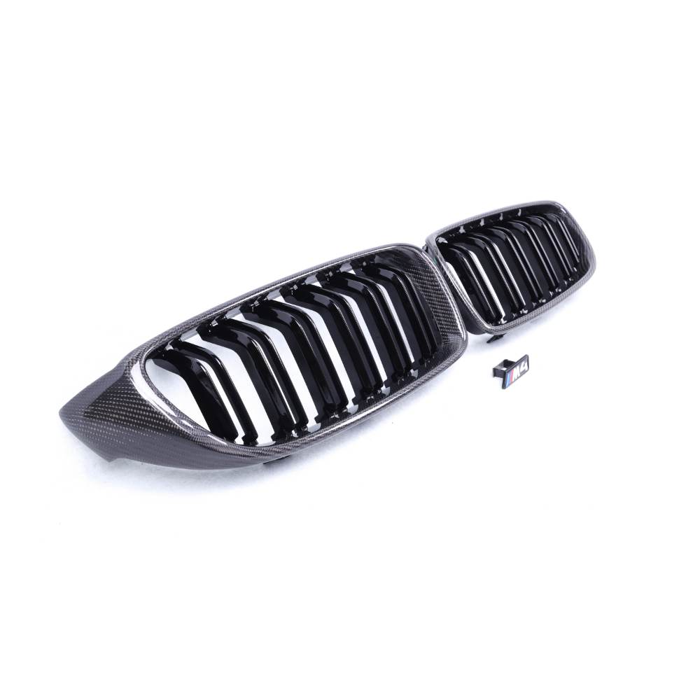 Carbon fiber grille for BMW F80 M3, F82 M4, F32, and F33 models by Palenon Performance, featuring a sleek, textured finish.