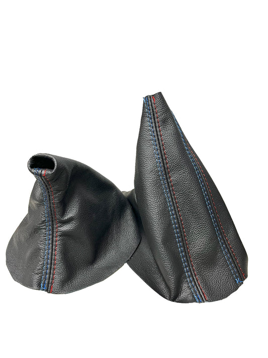 BMW Z3 M3 E46 leather shift and handbrake boot cover, 13-inch size by JTS Custom Upholstery, with detailed stitching and black leather finish.
