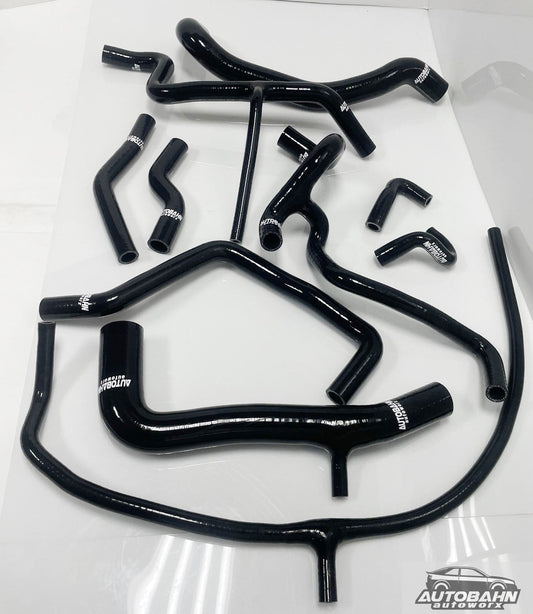 Autobahn Autoworx VW MK3 Golf Jetta VR6 coolant hose kit with black rubber hoses and metal clamps on a white background.