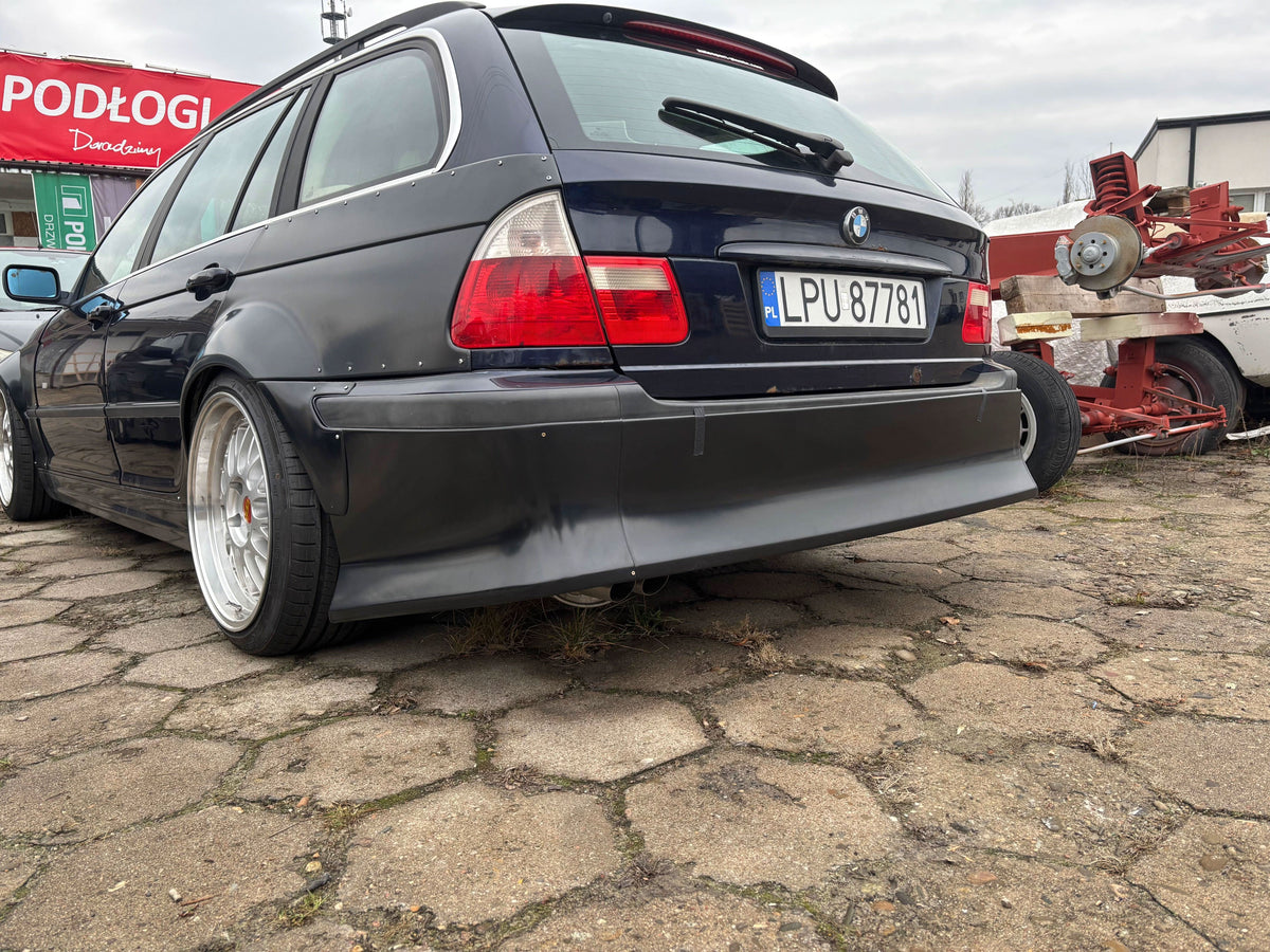 BMW 3-Series E46 sedan full JDM body kit by K2 Industries, made of ABS plastic, shown on a 1997-2006 model.