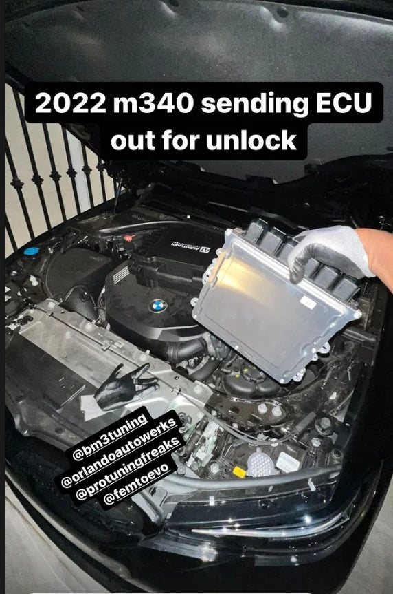 BMW ECU with Bootmod3 tuning software installed, showing the unlocked ECU and tuning interface on a computer screen.
