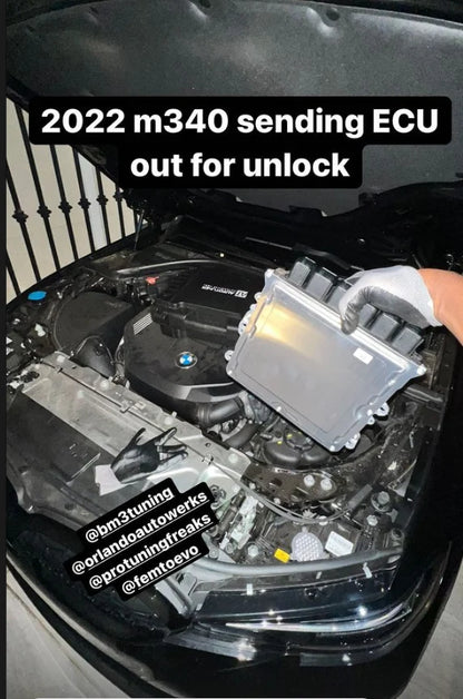 BMW ECU with Bootmod3 tuning software installed, showing the unlocked ECU and tuning interface on a computer screen.