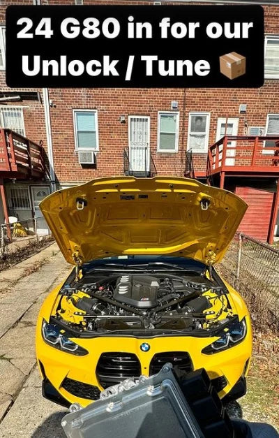 BMW ECU with Bootmod3 tuning port, showing the full unlock process and tuning interface on a computer screen.