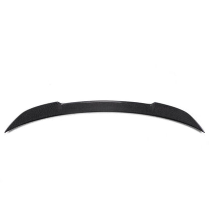 Carbon fiber BMW F87 M2 and F22 CS style trunk spoiler by Palenon Performance, showcasing sleek aerodynamic design.