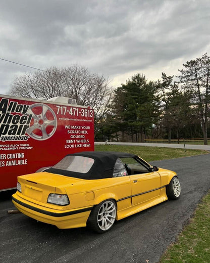 BMW 3-Series E36 coupe convertible with JDM style body kit by K2 Industries, made of ABS plastic, shown on a white background.
