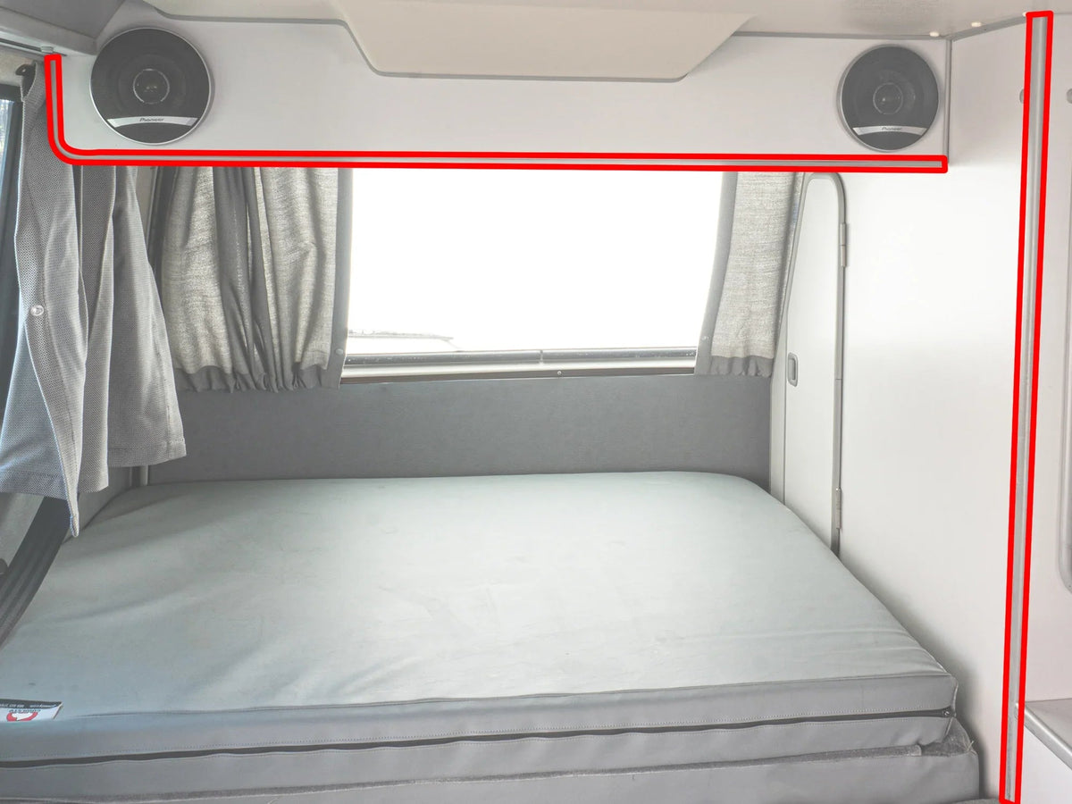GoWesty cabinetry edge molding in a Vanagon Westfalia interior, 25-foot molded cover for cabinet edges and interior finishing.
