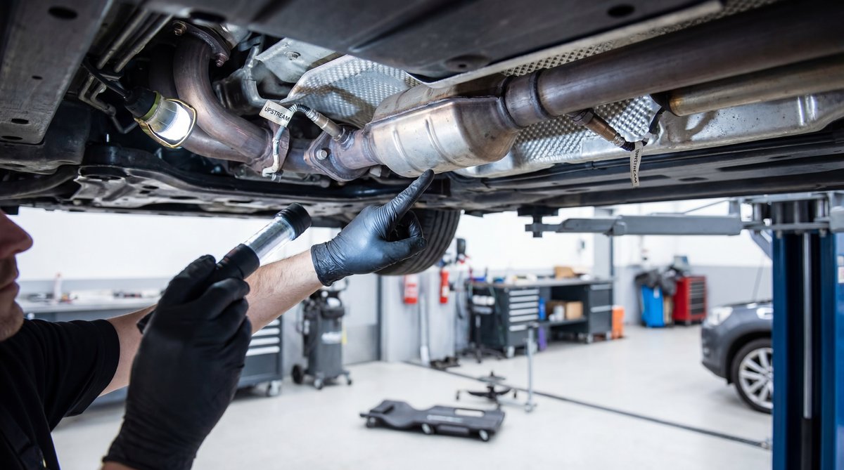 Installing Bayern Automotive oxygen sensor in a Volkswagen or Audi engine, showing the sensor being positioned in the exhaust system.