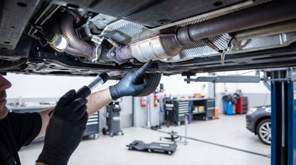 Installing Bayern Automotive oxygen sensor in a Volkswagen or Audi engine, showing the sensor being positioned in the exhaust system.