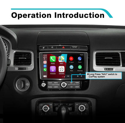 Car stereo touchscreen installation shown installed in a dashboard, with the text 'Operation Introduction' at the top and a callout pointing to the screen and NAV switch.