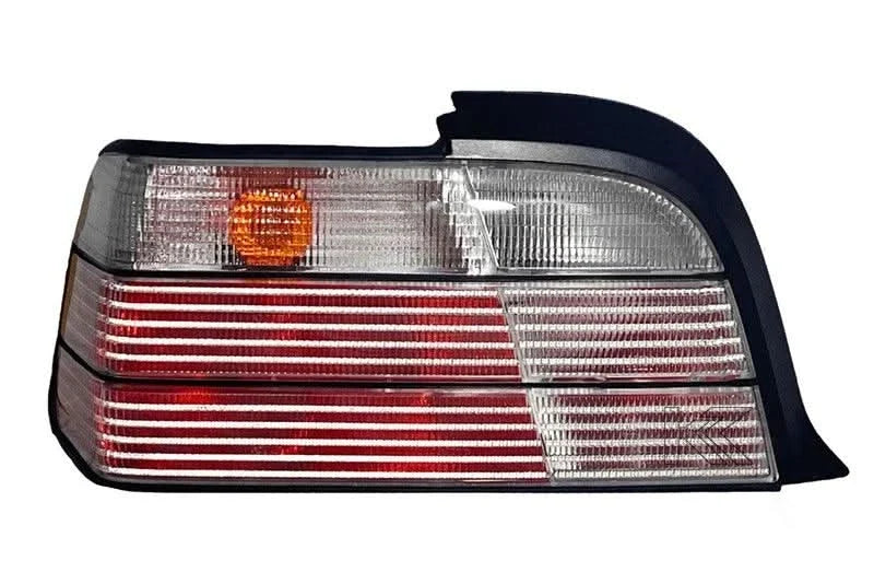 BMW E36 coupe and convertible clear OEM style tail lights by K2 Industries, showing the sleek, transparent design and details.