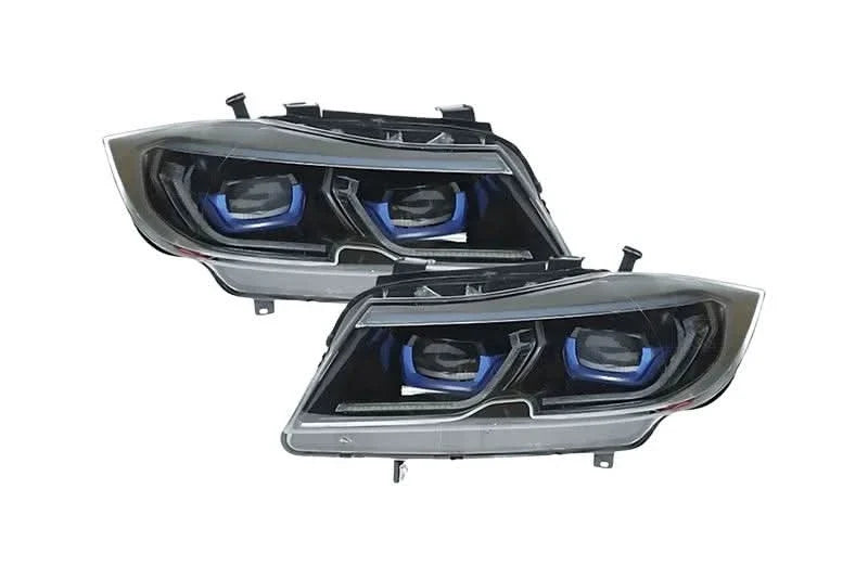 BMW 3-Series E90 modern style headlights by K2 Industries, 2005-2012, showing sleek design and clear lens details.