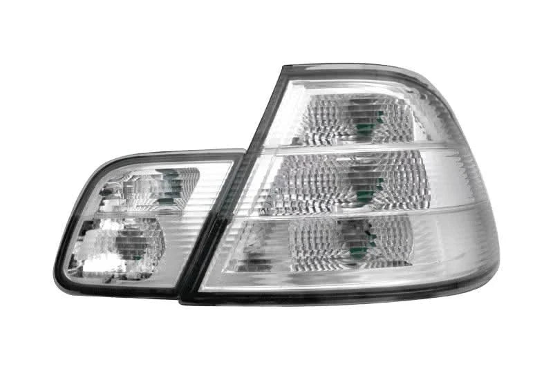 K2 Industries BMW 3-Series E46 coupe clear tail lights, 1998-2006, showing sleek red and clear lens design for rear illumination.
