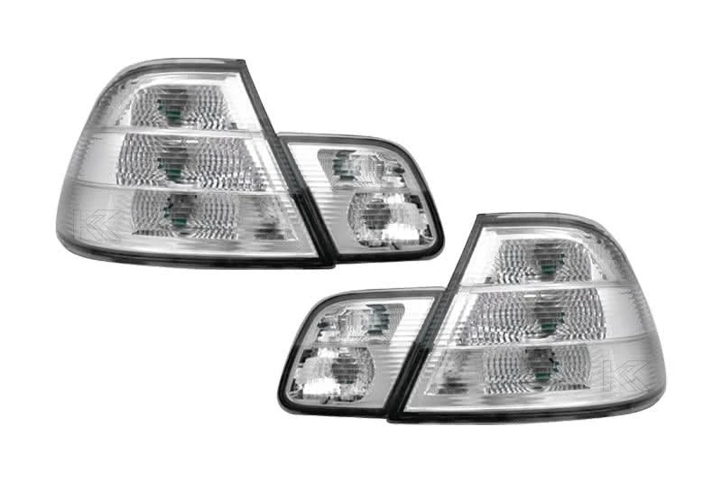 BMW 3-Series E46 coupe clear tail lights by K2 Industries, showing sleek, transparent lenses for rear lighting.