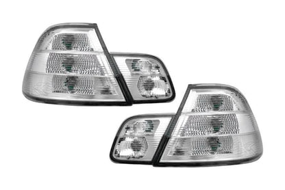 BMW 3-Series E46 coupe clear tail lights by K2 Industries, showing sleek, transparent lenses for rear lighting.
