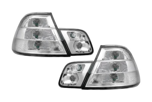 BMW 3-Series E46 coupe clear tail lights by K2 Industries, showing sleek, transparent lenses for rear lighting.