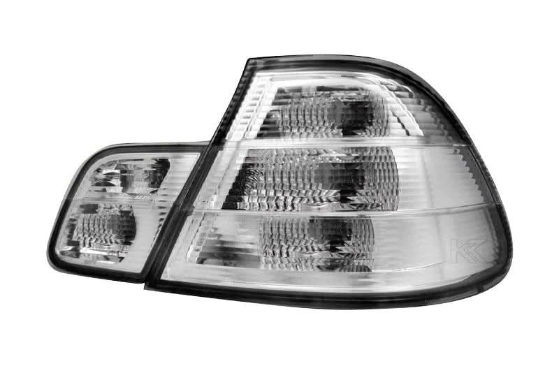 BMW 3-Series E46 coupe clear tail lights by K2 Industries, showing sleek, transparent lens design for model years 1998-2006
