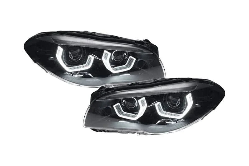 BMW 5-Series F10/F11/F18 3D style headlights by K2 Industries, front view showing clear lens and modern design.