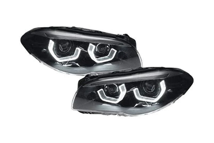 BMW 5-Series F10/F11/F18 3D style headlights by K2 Industries, front view showing clear lens and modern design.