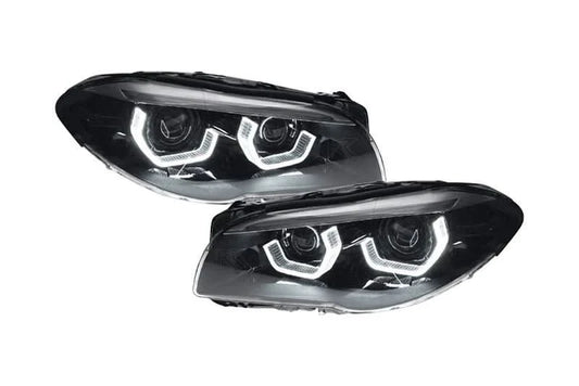 BMW 5-Series F10/F11/F18 3D style headlights by K2 Industries, front view showing clear lens and modern design.