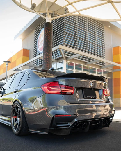 K2 Industries LED tail lights upgrade for BMW 3-Series F30 F35 F80 6th gen LCI style, 2012-2019, with sleek design and bright illumination.